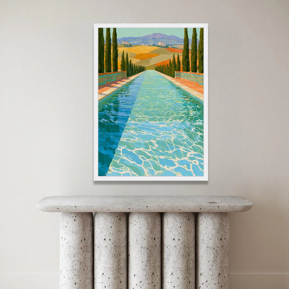 David Hockney Style Alpine Pool Scene Canvas, Modern Landscape Wall Art, Vibrant Nature Decor, Artistic Water Reflection Canvas Print Art