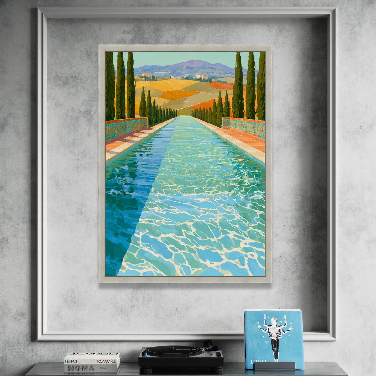 David Hockney Style Alpine Pool Scene Canvas, Modern Landscape Wall Art, Vibrant Nature Decor, Artistic Water Reflection Canvas Print Art