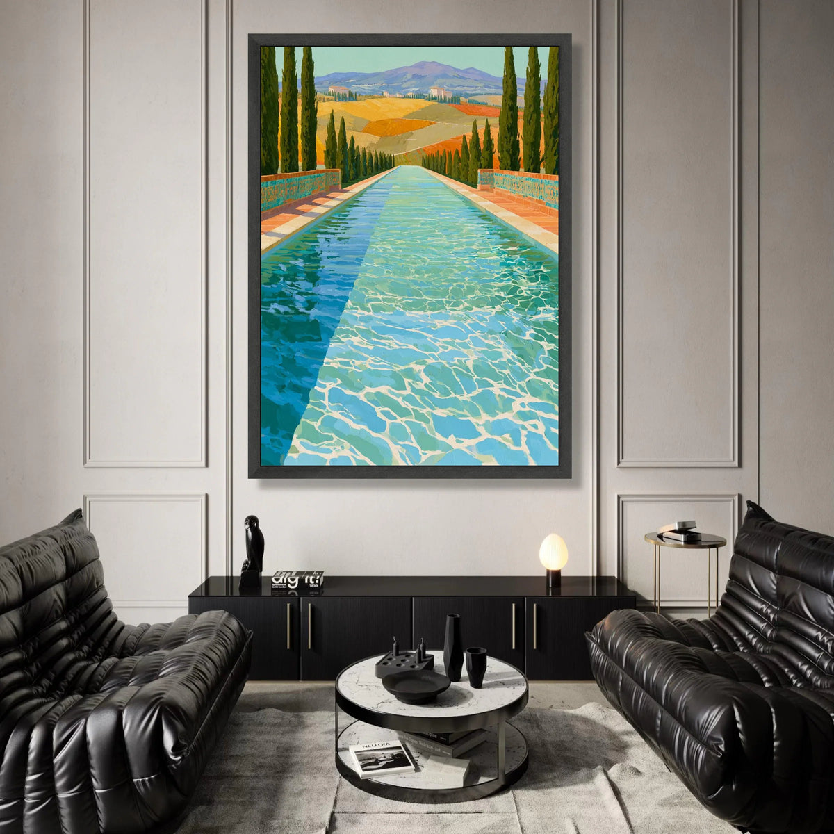 David Hockney Style Alpine Pool Scene Canvas, Modern Landscape Wall Art, Vibrant Nature Decor, Artistic Water Reflection Canvas Print Art