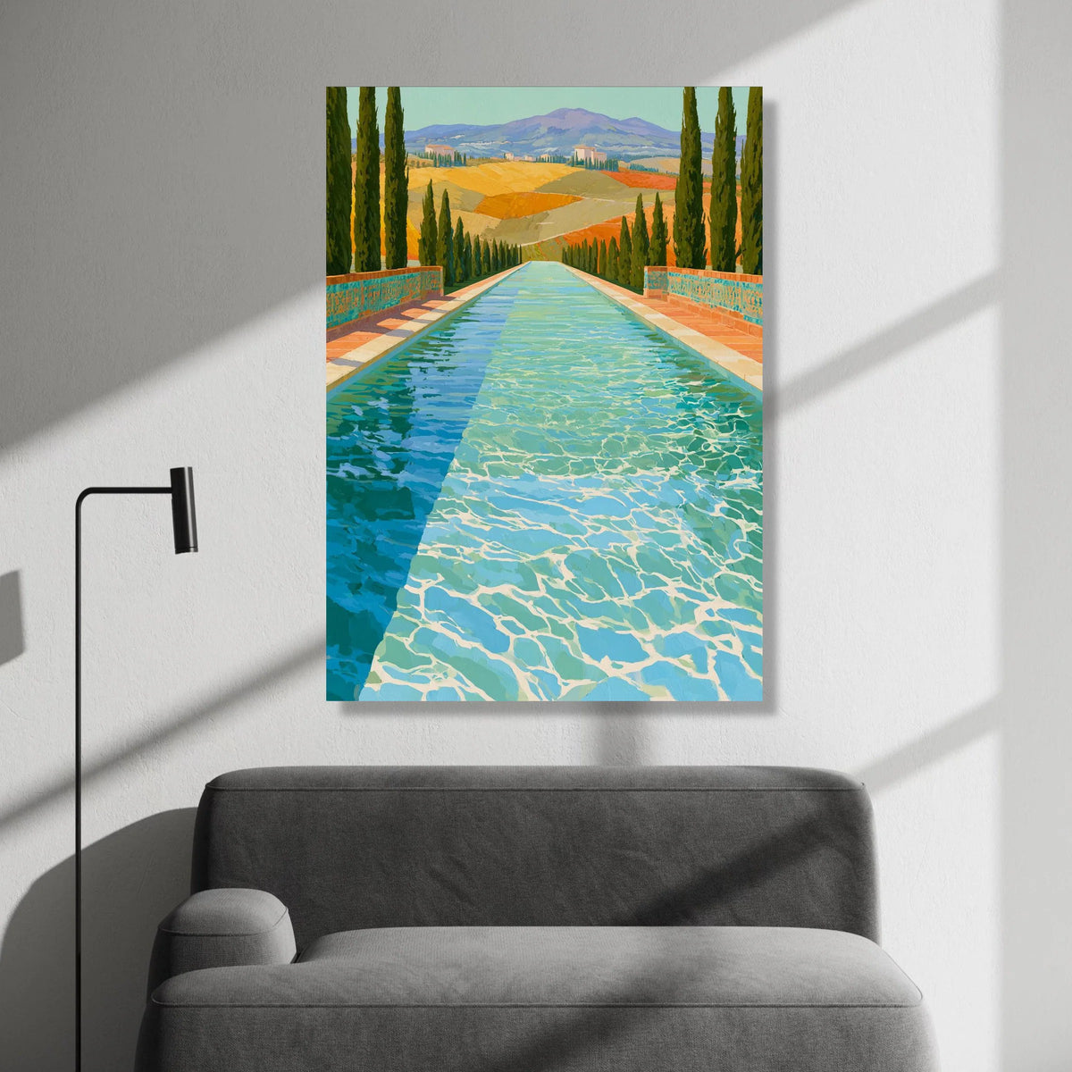 David Hockney Style Alpine Pool Scene Canvas, Modern Landscape Wall Art, Vibrant Nature Decor, Artistic Water Reflection Canvas Print Art