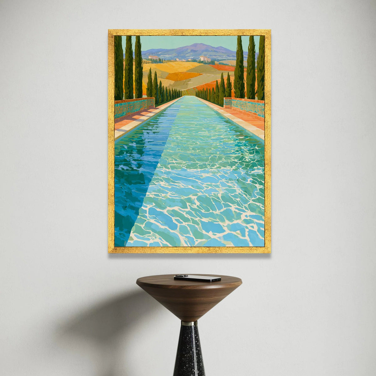 David Hockney Style Alpine Pool Scene Canvas, Modern Landscape Wall Art, Vibrant Nature Decor, Artistic Water Reflection Canvas Print Art