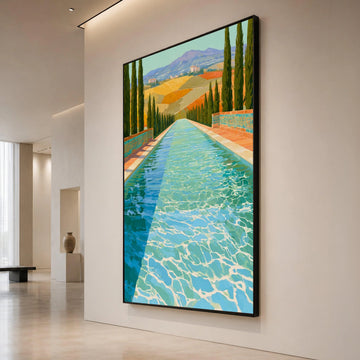 David Hockney Style Alpine Pool Scene Canvas, Modern Landscape Wall Art, Vibrant Nature Decor, Artistic Water Reflection Canvas Print Art