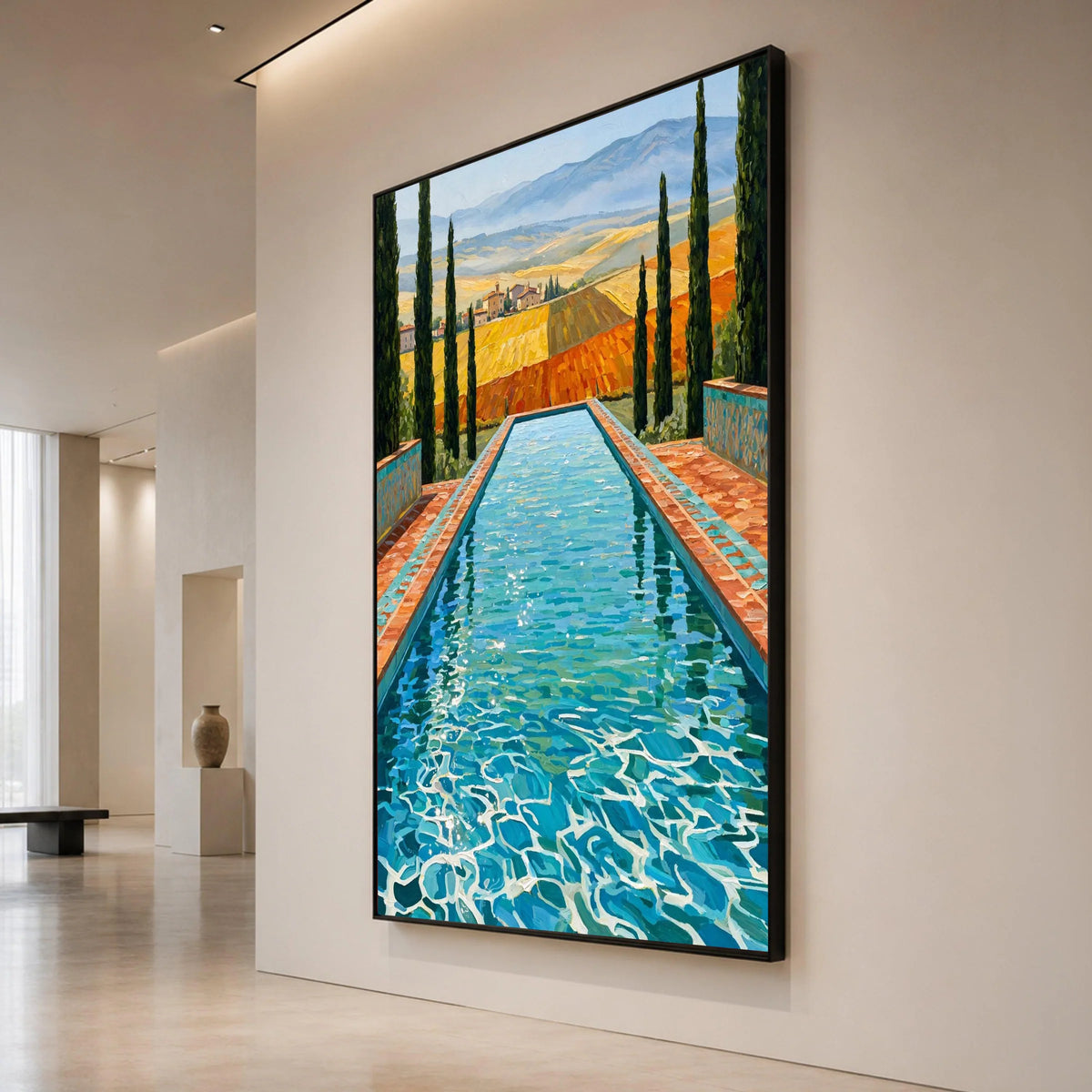 David Hockney Style Pool View Canvas Wall Art, Vibrant Landscape with Cypress Trees, Modern Artistic Home Decor, Blue Water Canvas Print Art