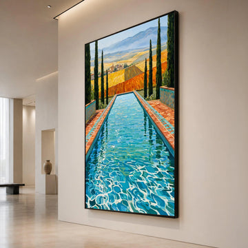 David Hockney Style Pool View Canvas Wall Art, Vibrant Landscape with Cypress Trees, Modern Artistic Home Decor, Blue Water Canvas Print Art