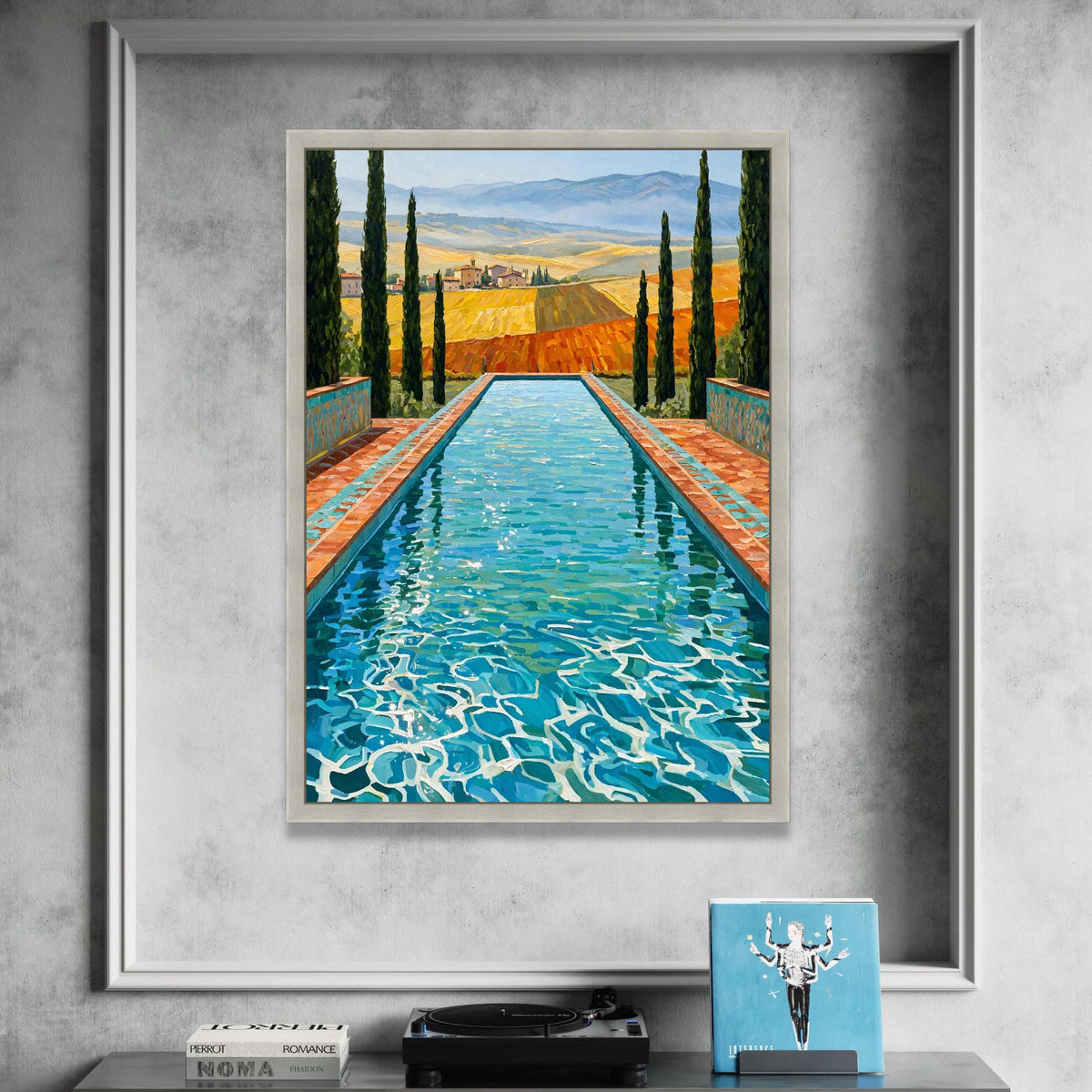 David Hockney Style Pool View Canvas Wall Art, Vibrant Landscape with Cypress Trees, Modern Artistic Home Decor, Blue Water Canvas Print Art