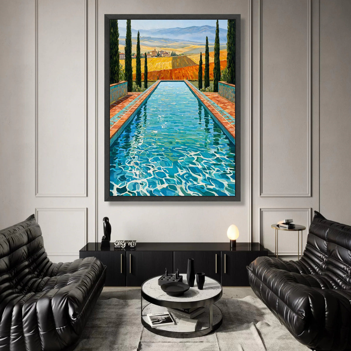 David Hockney Style Pool View Canvas Wall Art, Vibrant Landscape with Cypress Trees, Modern Artistic Home Decor, Blue Water Canvas Print Art