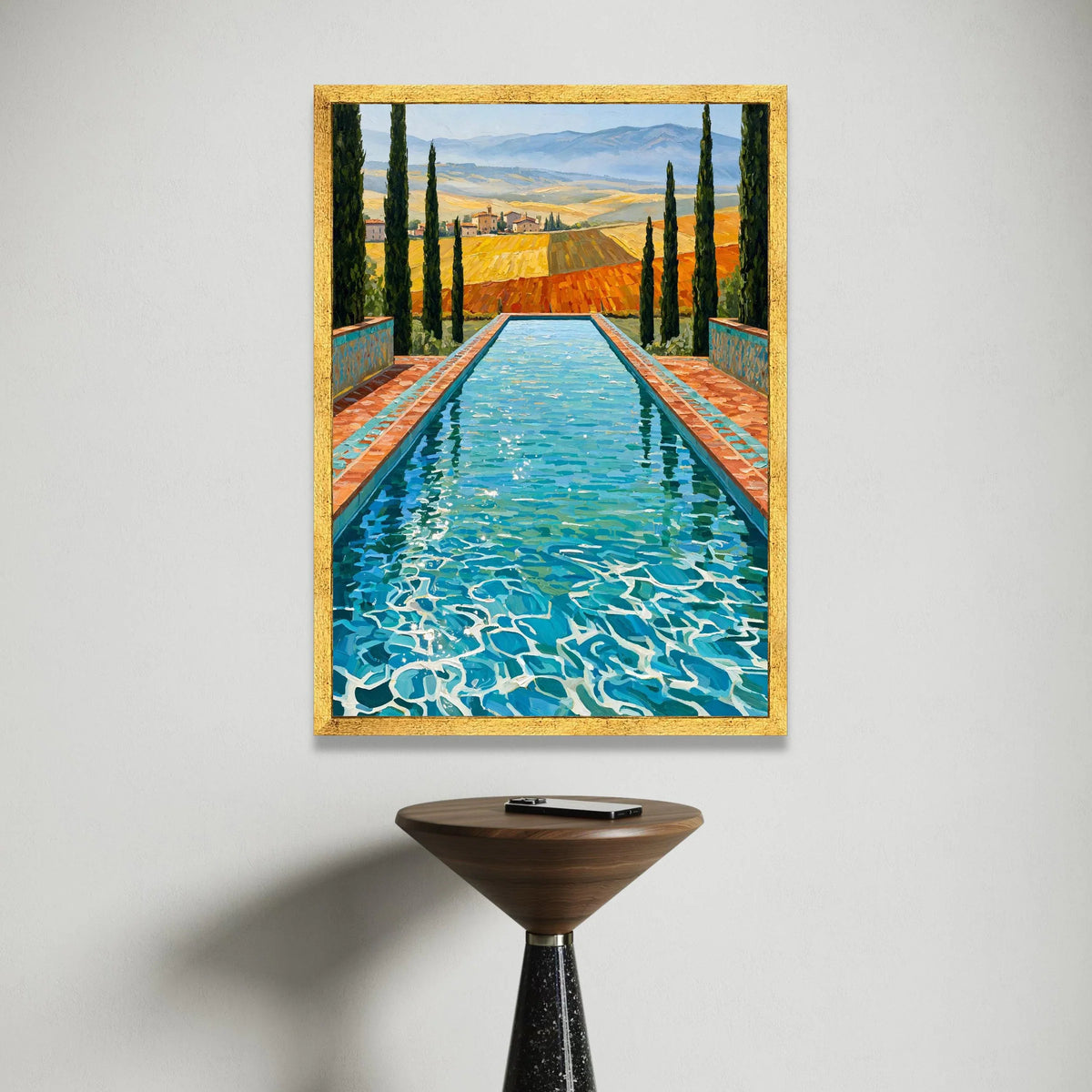 David Hockney Style Pool View Canvas Wall Art, Vibrant Landscape with Cypress Trees, Modern Artistic Home Decor, Blue Water Canvas Print Art