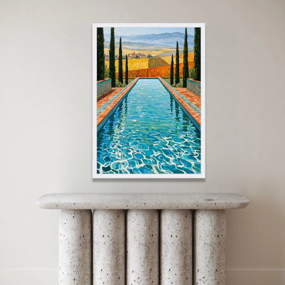 David Hockney Style Pool View Canvas Wall Art, Vibrant Landscape with Cypress Trees, Modern Artistic Home Decor, Blue Water Canvas Print Art