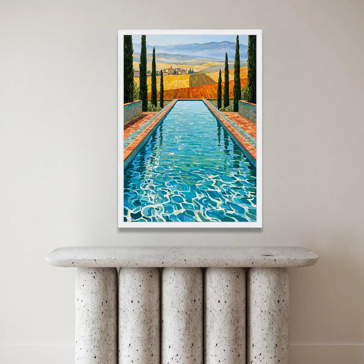 David Hockney Style Pool View Canvas Wall Art, Vibrant Landscape with Cypress Trees, Modern Artistic Home Decor, Blue Water Canvas Print Art