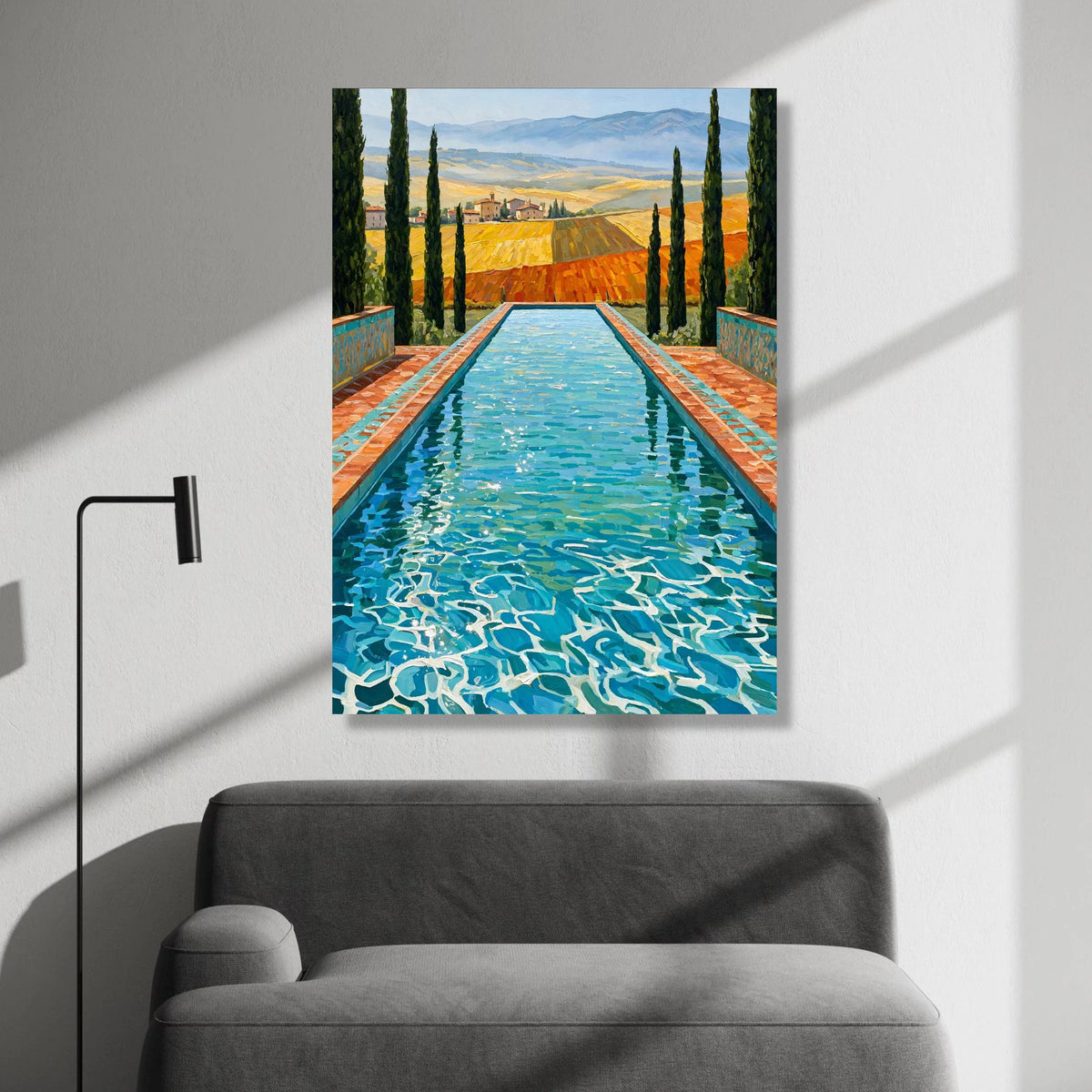 David Hockney Style Pool View Canvas Wall Art, Vibrant Landscape with Cypress Trees, Modern Artistic Home Decor, Blue Water Canvas Print Art