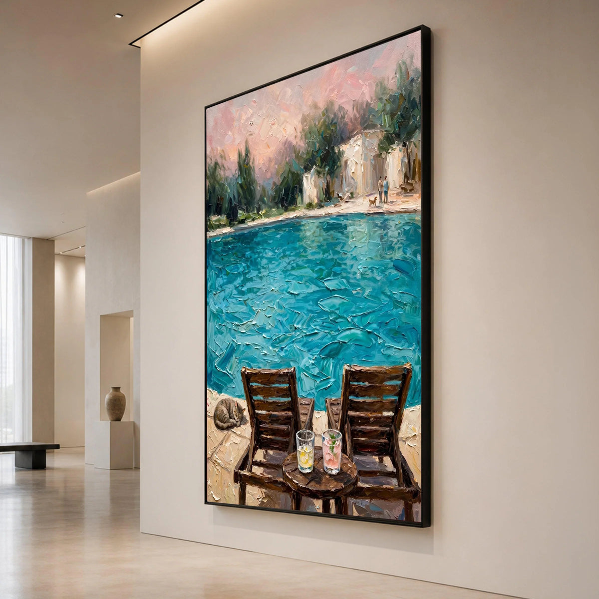David Hockney Style Poolside View Canvas, Bright Blue Water Painting, Cozy Lounge Chairs, Summer Atmosphere Wall Art, Canvas Print Art