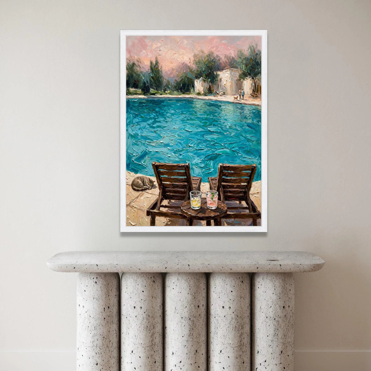 David Hockney Style Poolside View Canvas, Bright Blue Water Painting, Cozy Lounge Chairs, Summer Atmosphere Wall Art, Canvas Print Art