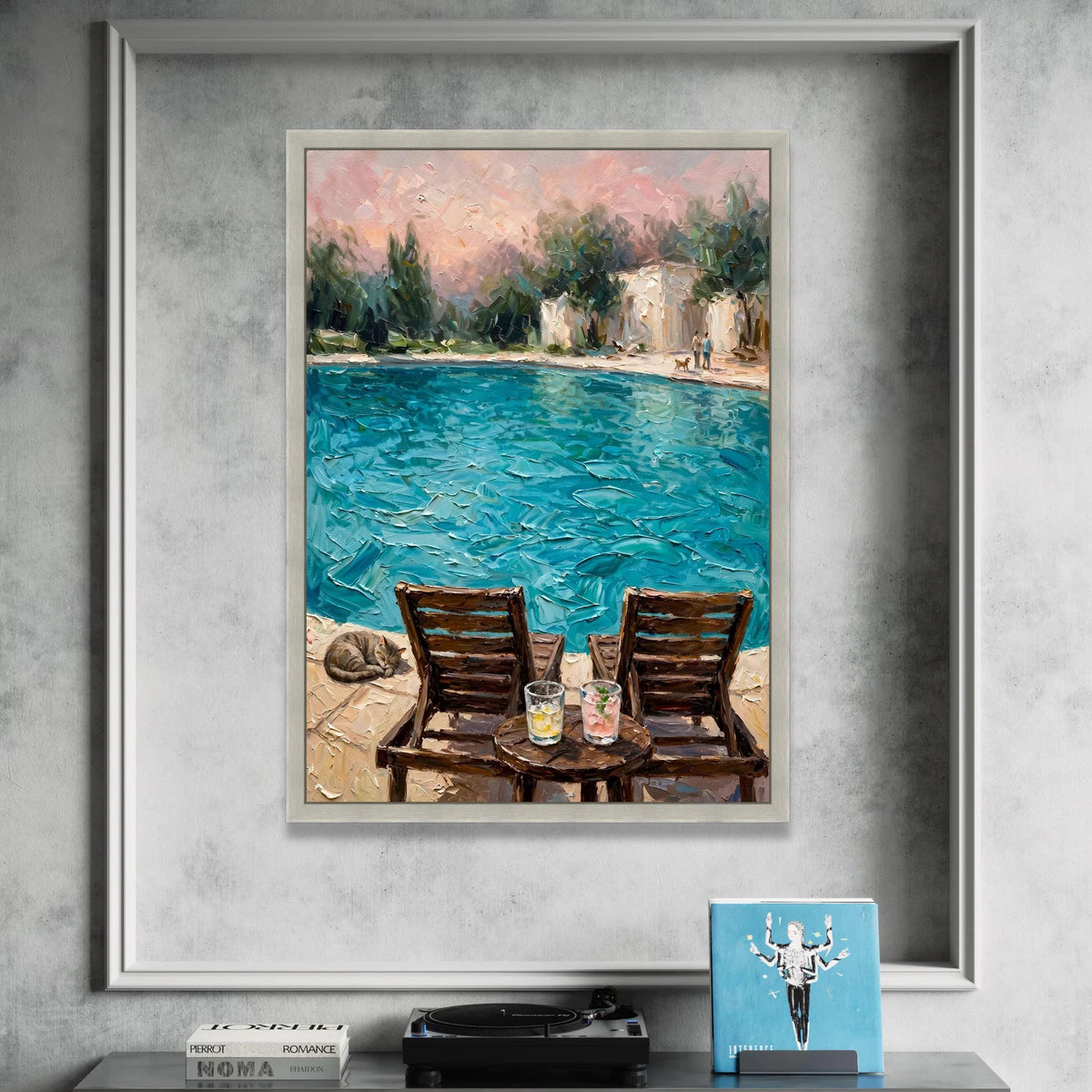 David Hockney Style Poolside View Canvas, Bright Blue Water Painting, Cozy Lounge Chairs, Summer Atmosphere Wall Art, Canvas Print Art