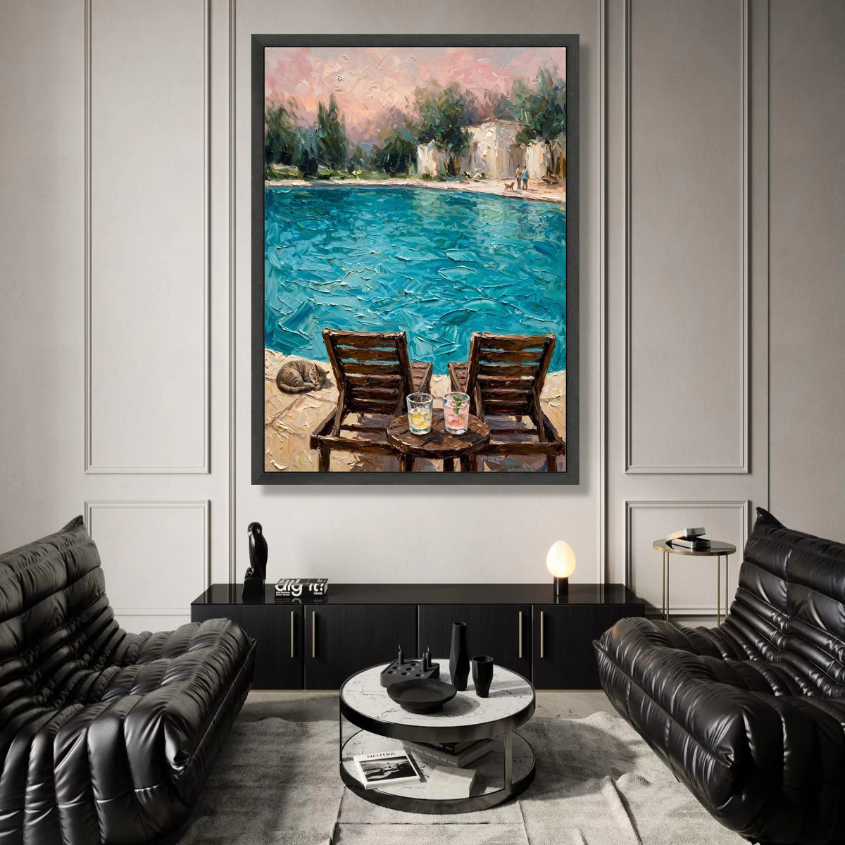 David Hockney Style Poolside View Canvas, Bright Blue Water Painting, Cozy Lounge Chairs, Summer Atmosphere Wall Art, Canvas Print Art