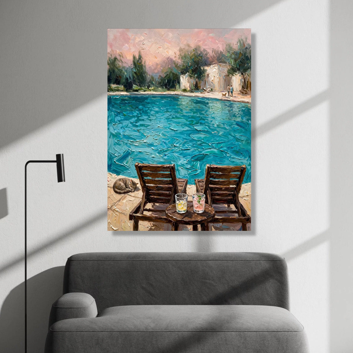 David Hockney Style Poolside View Canvas, Bright Blue Water Painting, Cozy Lounge Chairs, Summer Atmosphere Wall Art, Canvas Print Art