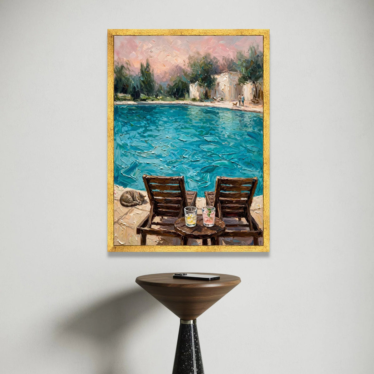 David Hockney Style Poolside View Canvas, Bright Blue Water Painting, Cozy Lounge Chairs, Summer Atmosphere Wall Art, Canvas Print Art