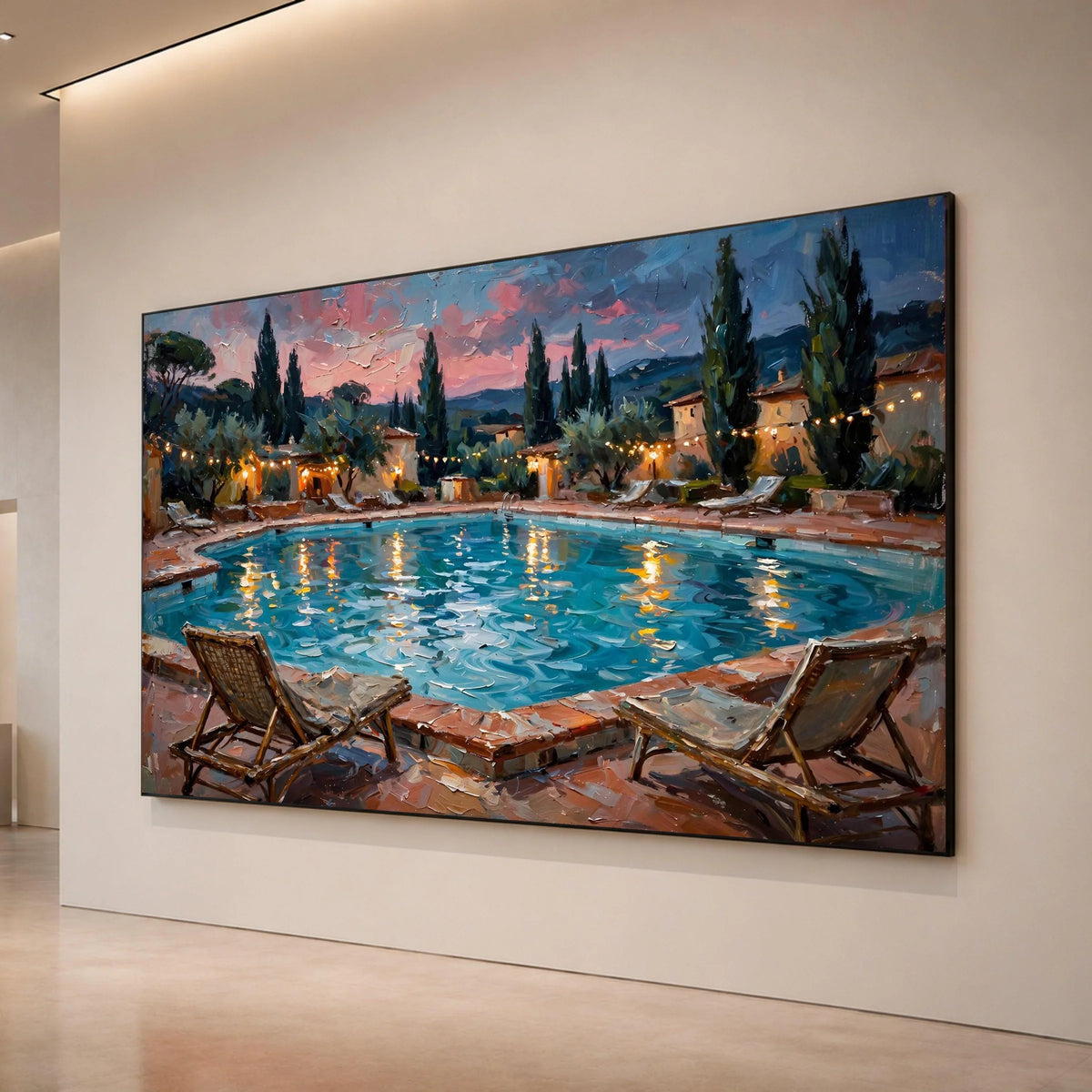 David Hockney Style Evening Poolside Canvas, Mediterranean Landscape Wall Art, Summer Sunset Reflection, Cozy Outdoor Scene Canvas Print Art