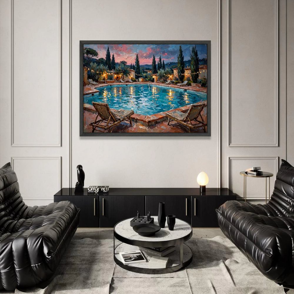 David Hockney Style Evening Poolside Canvas, Mediterranean Landscape Wall Art, Summer Sunset Reflection, Cozy Outdoor Scene Canvas Print Art