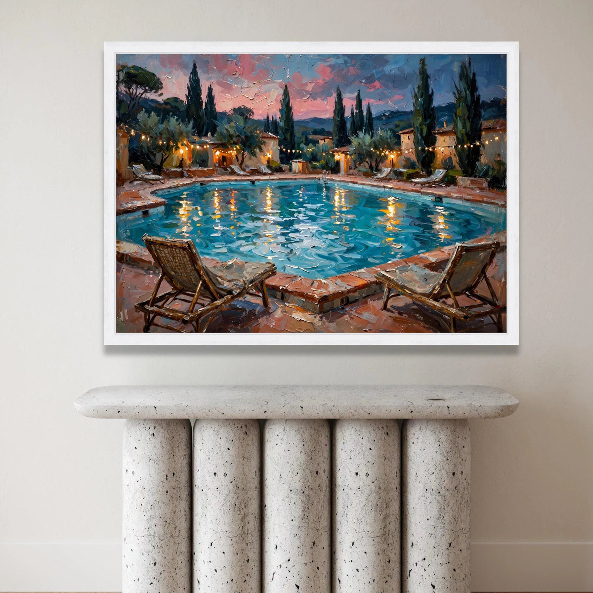 David Hockney Style Evening Poolside Canvas, Mediterranean Landscape Wall Art, Summer Sunset Reflection, Cozy Outdoor Scene Canvas Print Art