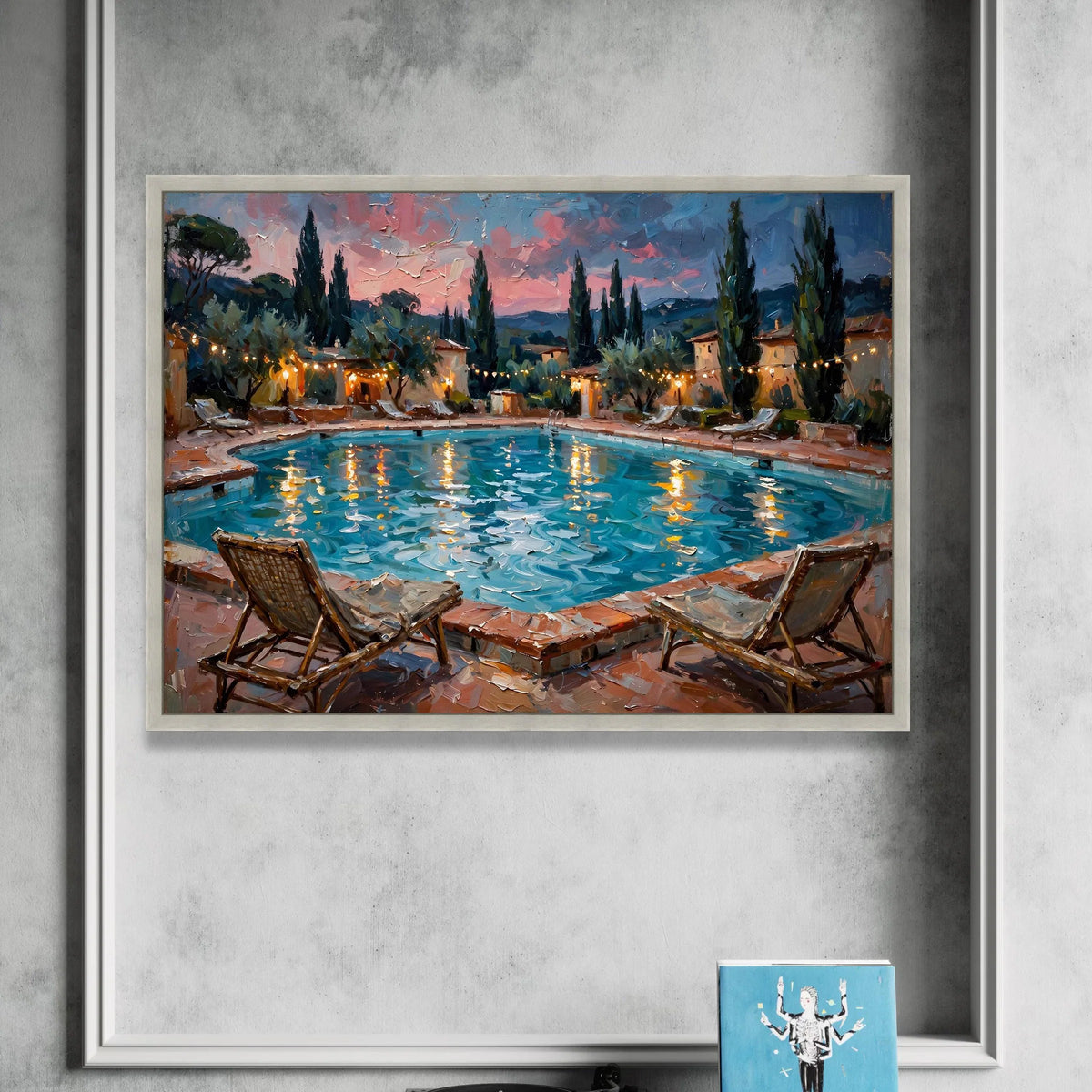 David Hockney Style Evening Poolside Canvas, Mediterranean Landscape Wall Art, Summer Sunset Reflection, Cozy Outdoor Scene Canvas Print Art