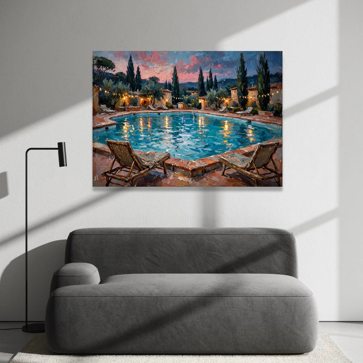 David Hockney Style Evening Poolside Canvas, Mediterranean Landscape Wall Art, Summer Sunset Reflection, Cozy Outdoor Scene Canvas Print Art