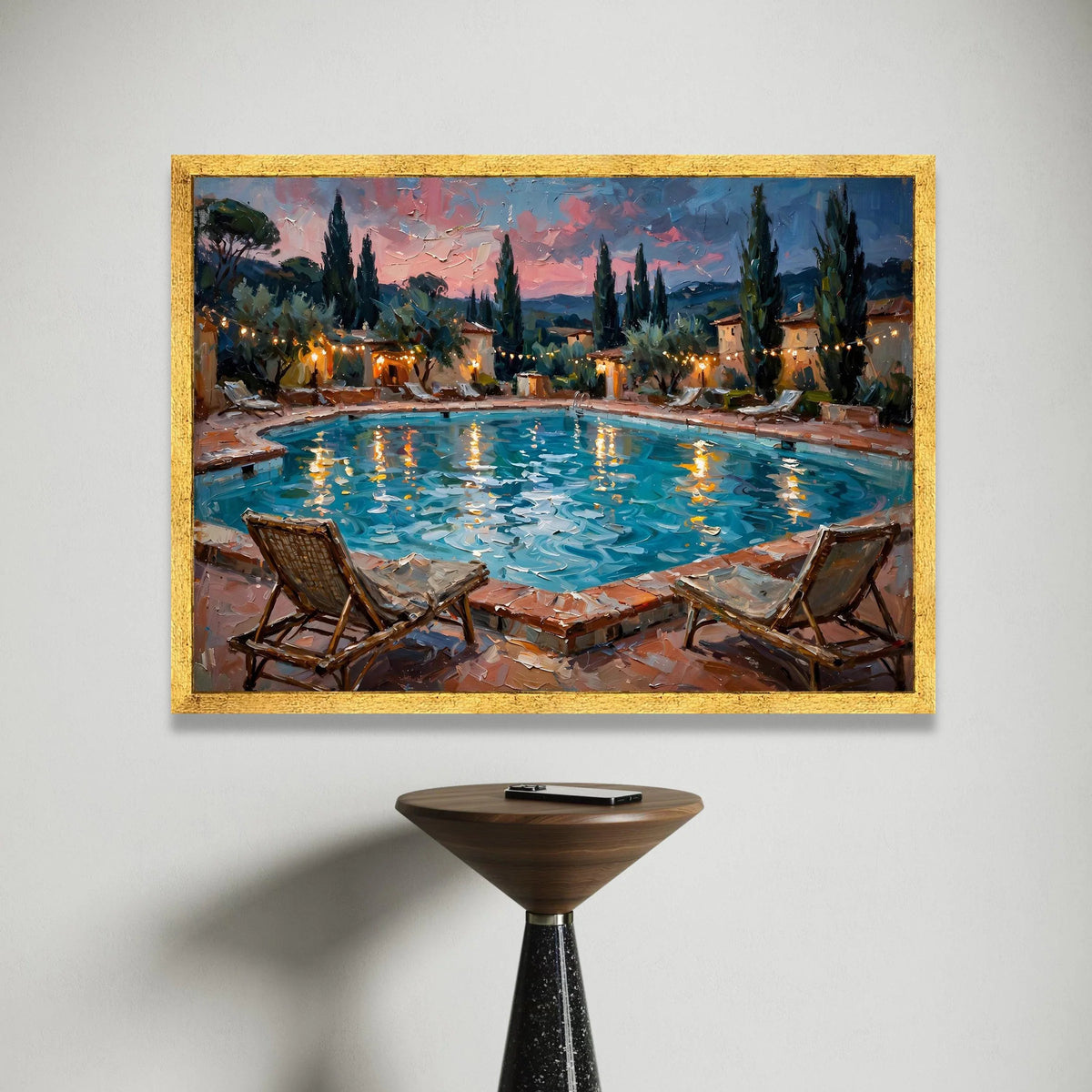 David Hockney Style Evening Poolside Canvas, Mediterranean Landscape Wall Art, Summer Sunset Reflection, Cozy Outdoor Scene Canvas Print Art