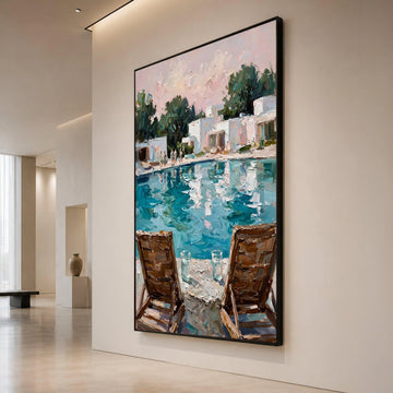David Hockney Style Poolside View Canvas, Modern Impressionist Wall Art, Coastal Home Decor, Relaxing Summer Scene Painting Canvas Print Art