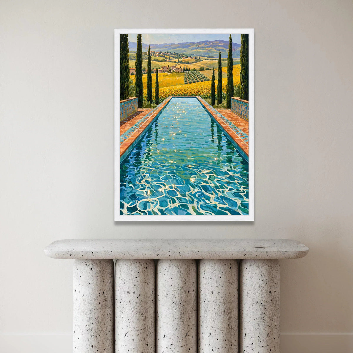 David Hockney Sunlit Pool Canvas, Tuscany Landscape Wall Art, Vibrant Floral Field and Cypress Trees Home Decor Canvas Print Art
