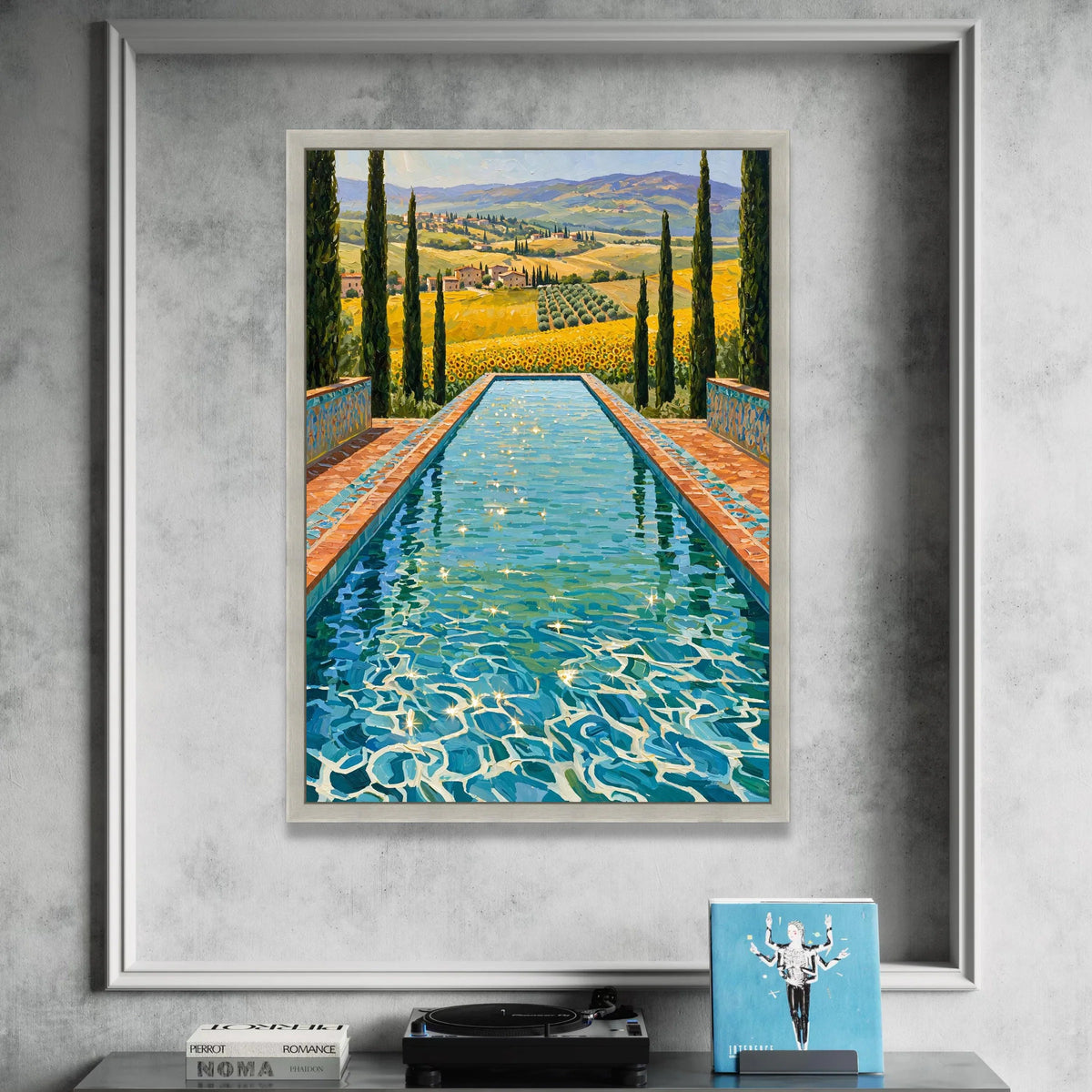 David Hockney Sunlit Pool Canvas, Tuscany Landscape Wall Art, Vibrant Floral Field and Cypress Trees Home Decor Canvas Print Art