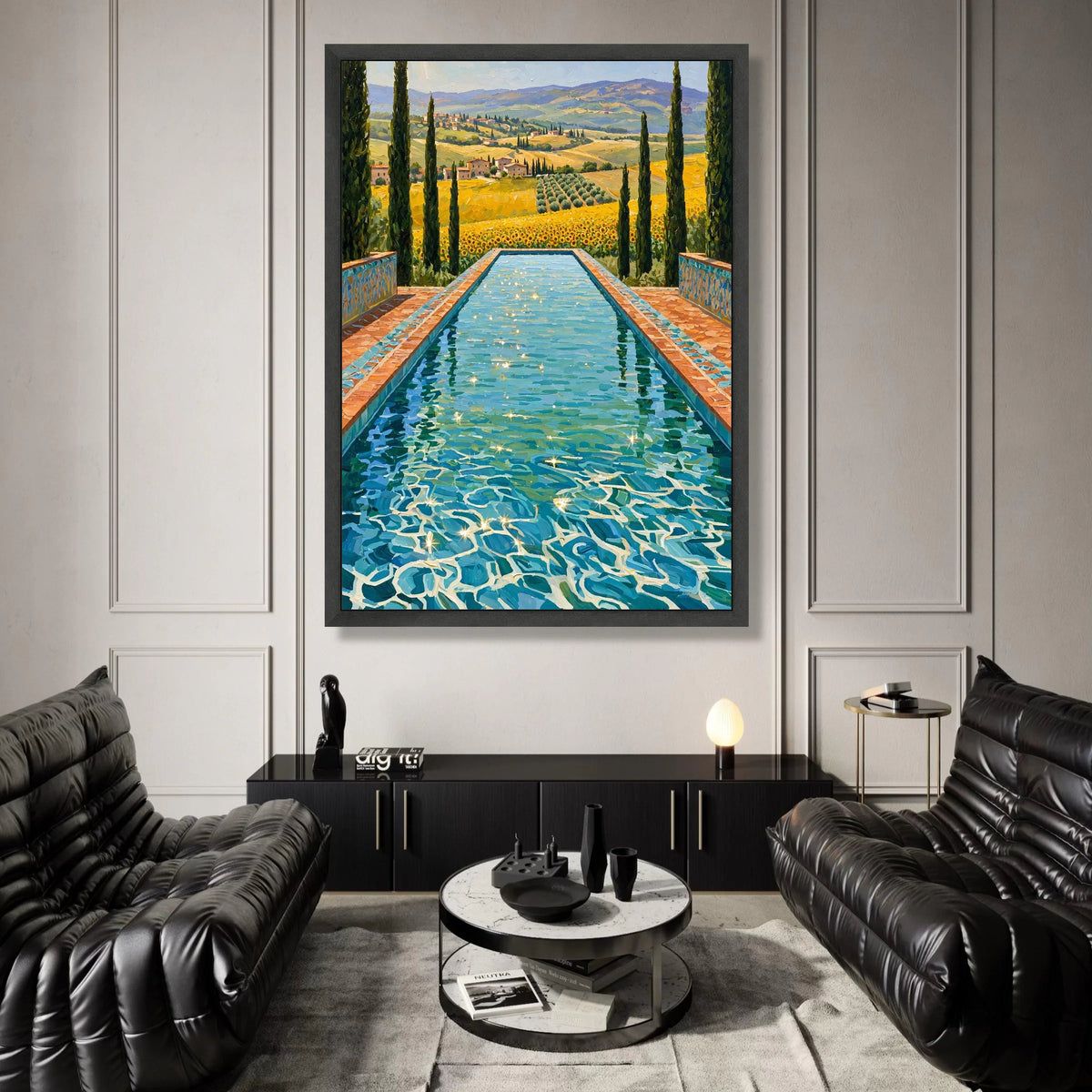 David Hockney Sunlit Pool Canvas, Tuscany Landscape Wall Art, Vibrant Floral Field and Cypress Trees Home Decor Canvas Print Art