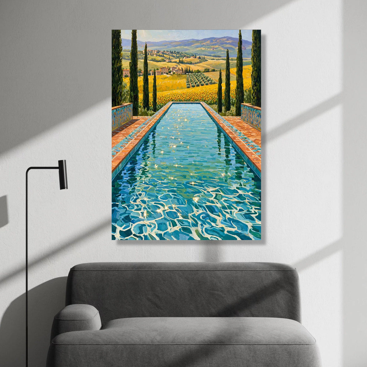 David Hockney Sunlit Pool Canvas, Tuscany Landscape Wall Art, Vibrant Floral Field and Cypress Trees Home Decor Canvas Print Art