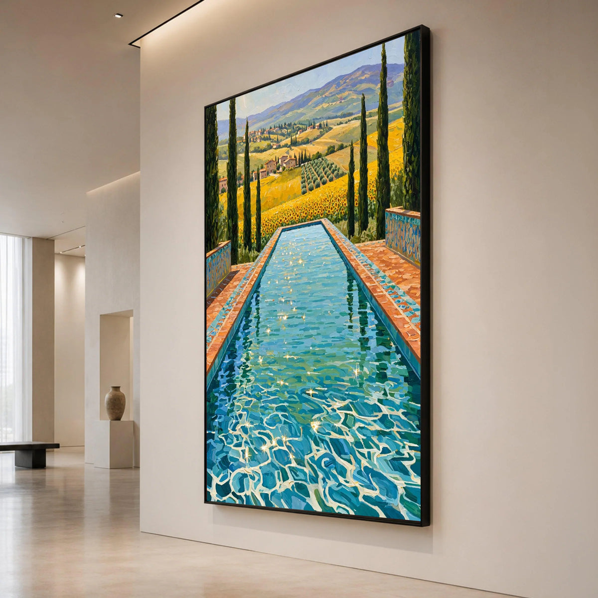 David Hockney Sunlit Pool Canvas, Tuscany Landscape Wall Art, Vibrant Floral Field and Cypress Trees Home Decor Canvas Print Art
