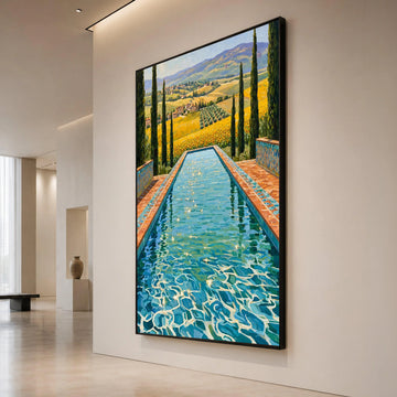 David Hockney Sunlit Pool Canvas, Tuscany Landscape Wall Art, Vibrant Floral Field and Cypress Trees Home Decor Canvas Print Art