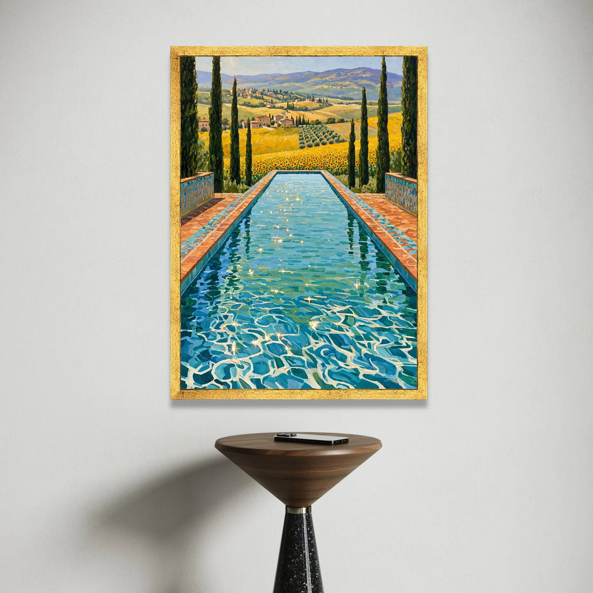 David Hockney Sunlit Pool Canvas, Tuscany Landscape Wall Art, Vibrant Floral Field and Cypress Trees Home Decor Canvas Print Art