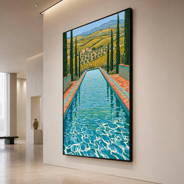 David Hockney Style Italian Countryside Pool Canvas Wall Art, Vibrant Reflective Water Landscape, Mediterranean Vineyard Canvas Print Art