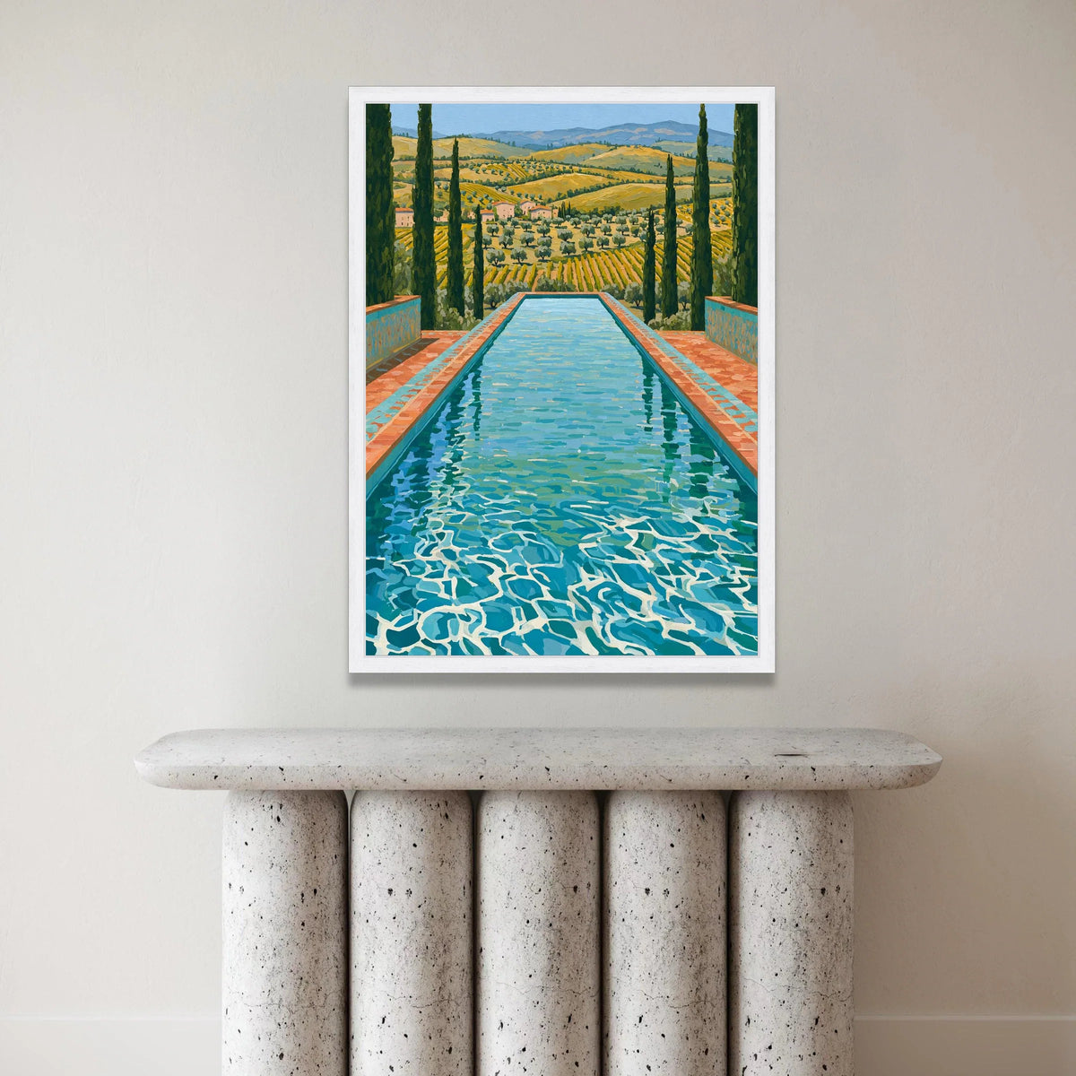 David Hockney Style Italian Countryside Pool Canvas Wall Art, Vibrant Reflective Water Landscape, Mediterranean Vineyard Canvas Print Art