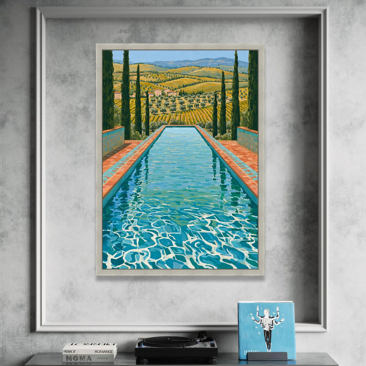David Hockney Style Italian Countryside Pool Canvas Wall Art, Vibrant Reflective Water Landscape, Mediterranean Vineyard Canvas Print Art