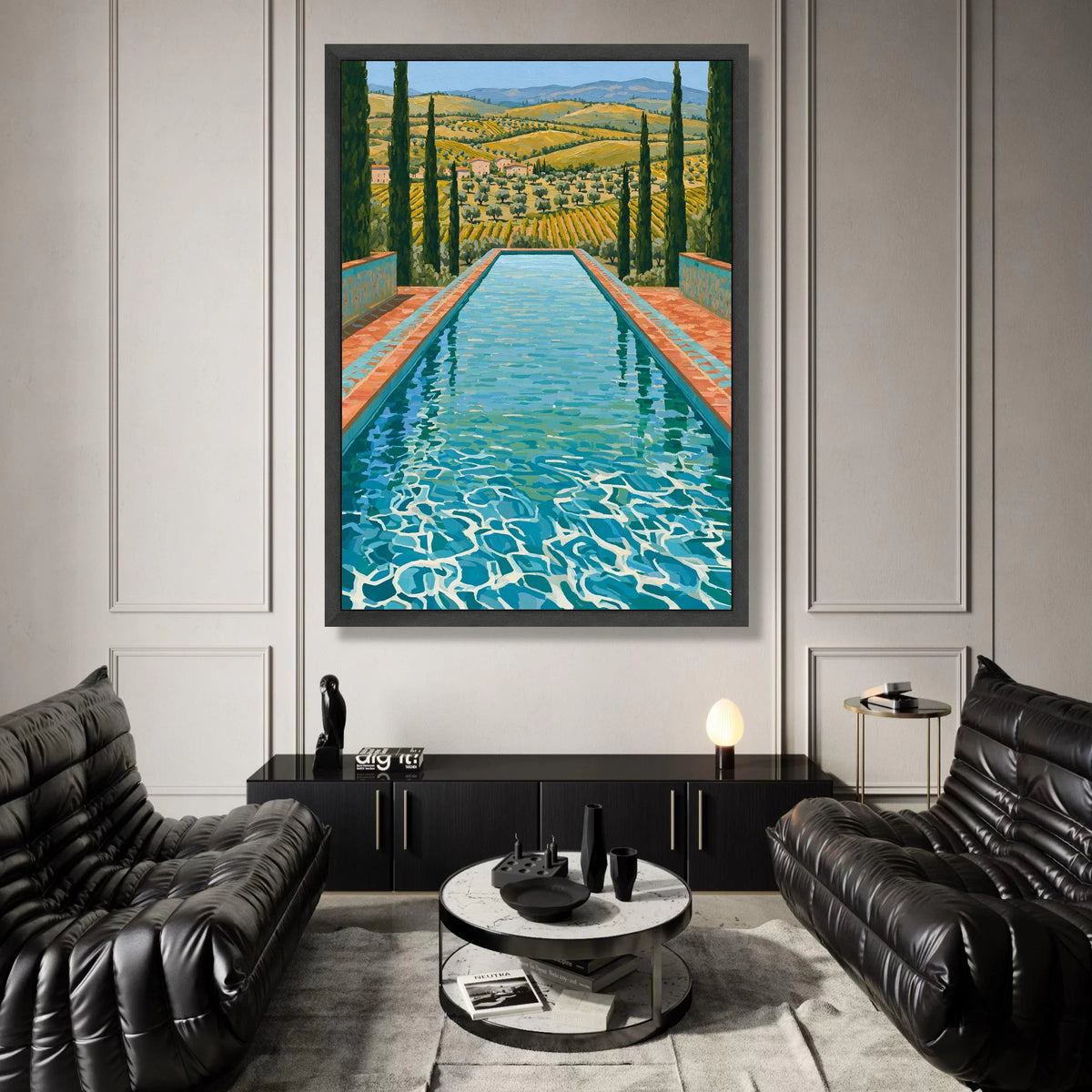David Hockney Style Italian Countryside Pool Canvas Wall Art, Vibrant Reflective Water Landscape, Mediterranean Vineyard Canvas Print Art