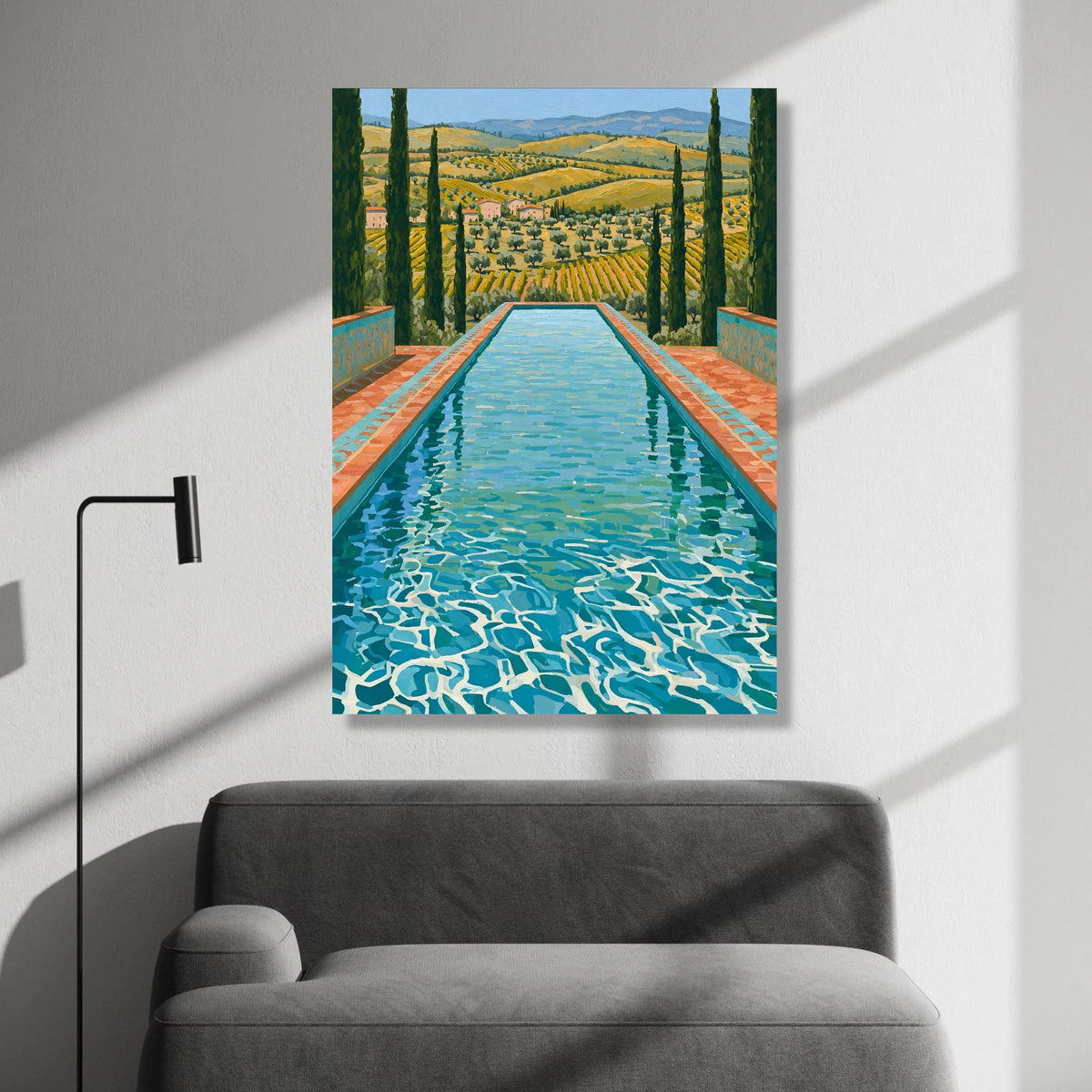 David Hockney Style Italian Countryside Pool Canvas Wall Art, Vibrant Reflective Water Landscape, Mediterranean Vineyard Canvas Print Art