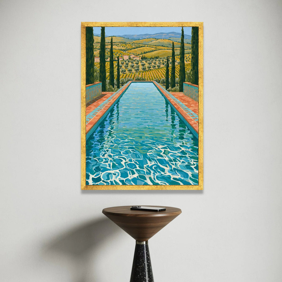 David Hockney Style Italian Countryside Pool Canvas Wall Art, Vibrant Reflective Water Landscape, Mediterranean Vineyard Canvas Print Art