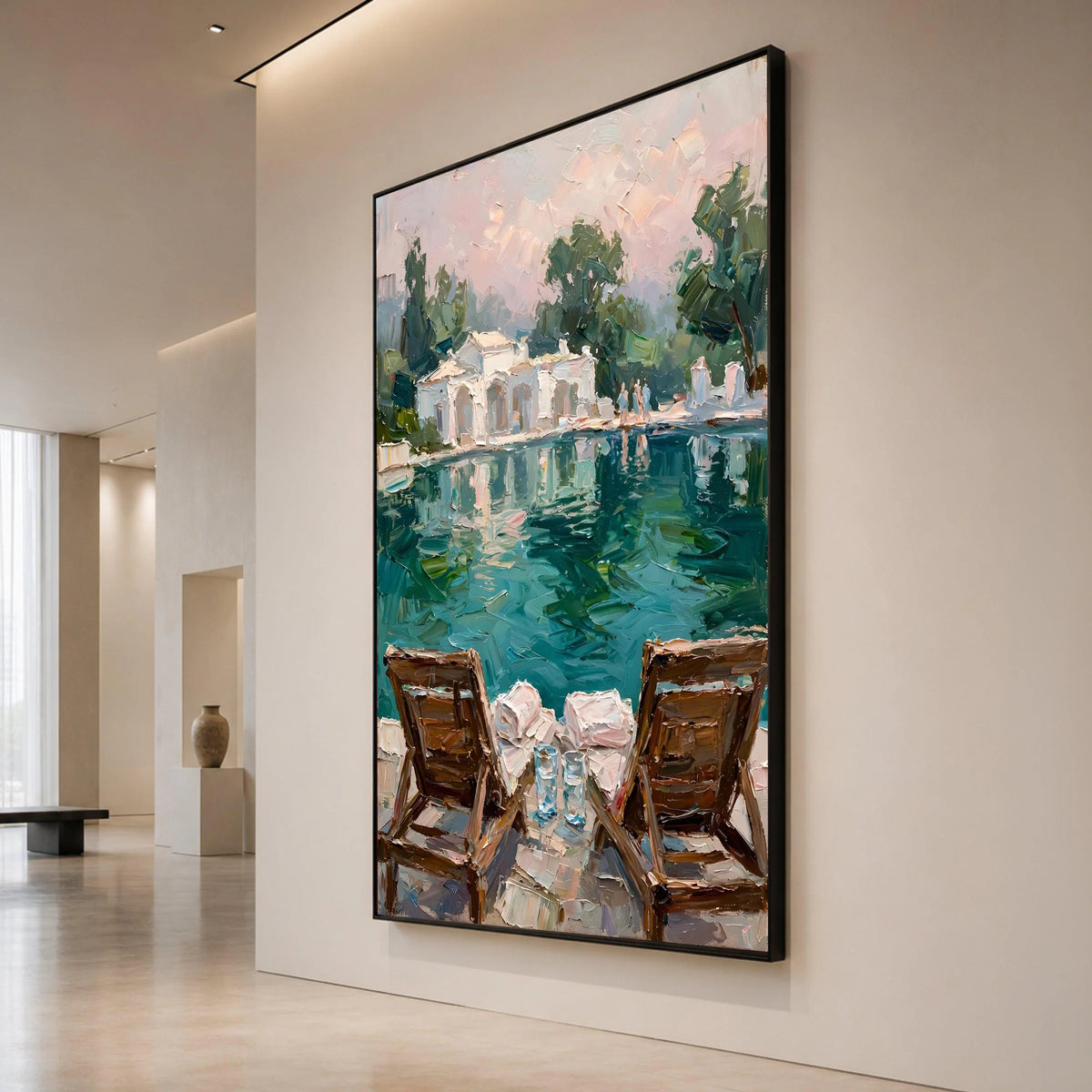 David Hockney Style Poolside View Canvas Wall Art, Modern Impressionist Landscape Painting, Relaxing Summer Scene Home Canvas Print Art