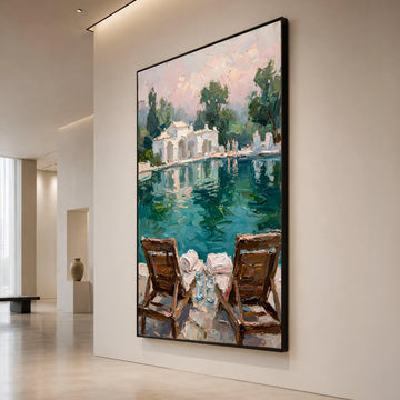 David Hockney Style Poolside View Canvas Wall Art, Modern Impressionist Landscape Painting, Relaxing Summer Scene Home Canvas Print Art