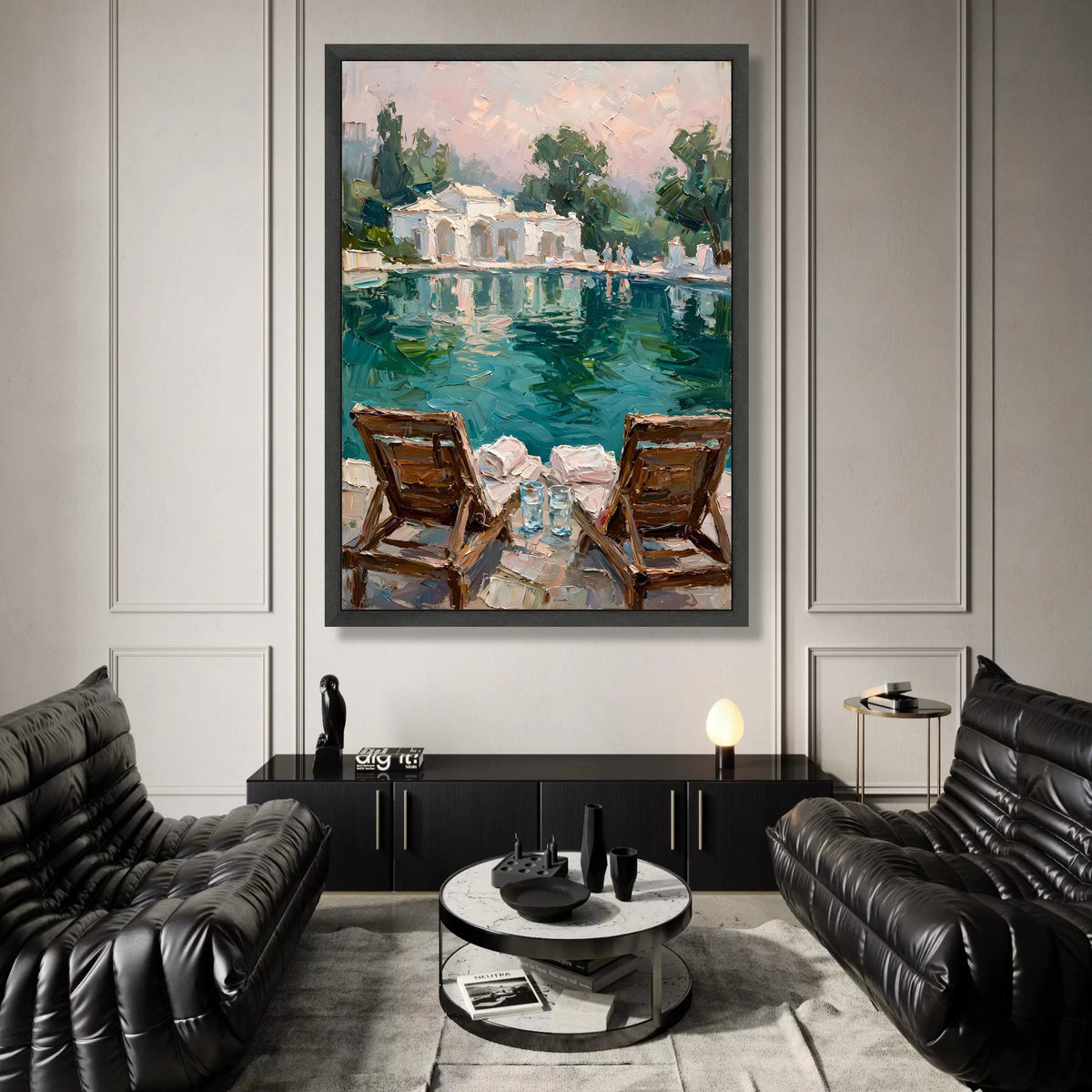 David Hockney Style Poolside View Canvas Wall Art, Modern Impressionist Landscape Painting, Relaxing Summer Scene Home Canvas Print Art