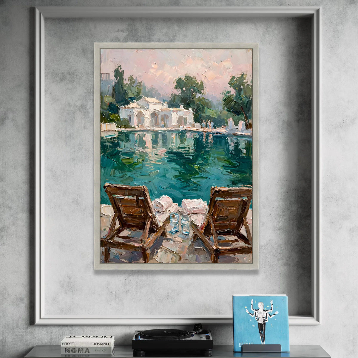 David Hockney Style Poolside View Canvas Wall Art, Modern Impressionist Landscape Painting, Relaxing Summer Scene Home Canvas Print Art