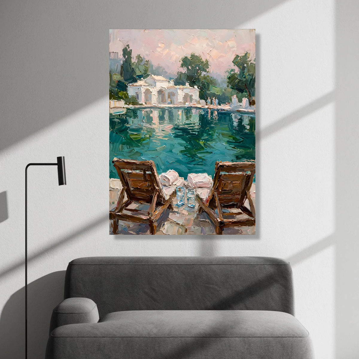 David Hockney Style Poolside View Canvas Wall Art, Modern Impressionist Landscape Painting, Relaxing Summer Scene Home Canvas Print Art