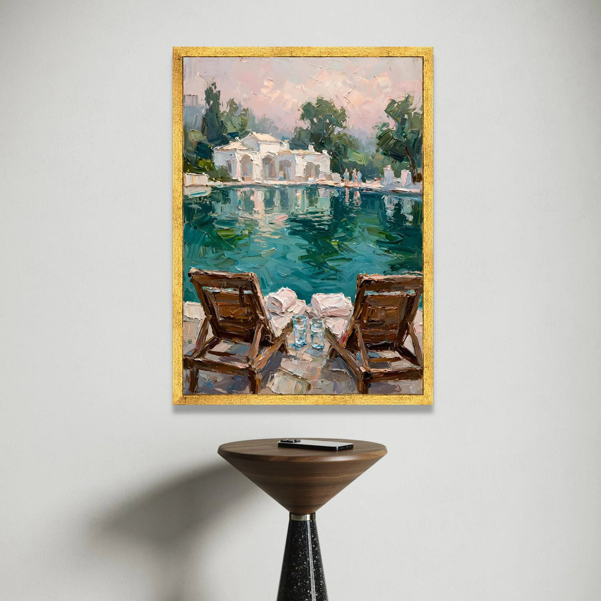 David Hockney Style Poolside View Canvas Wall Art, Modern Impressionist Landscape Painting, Relaxing Summer Scene Home Canvas Print Art