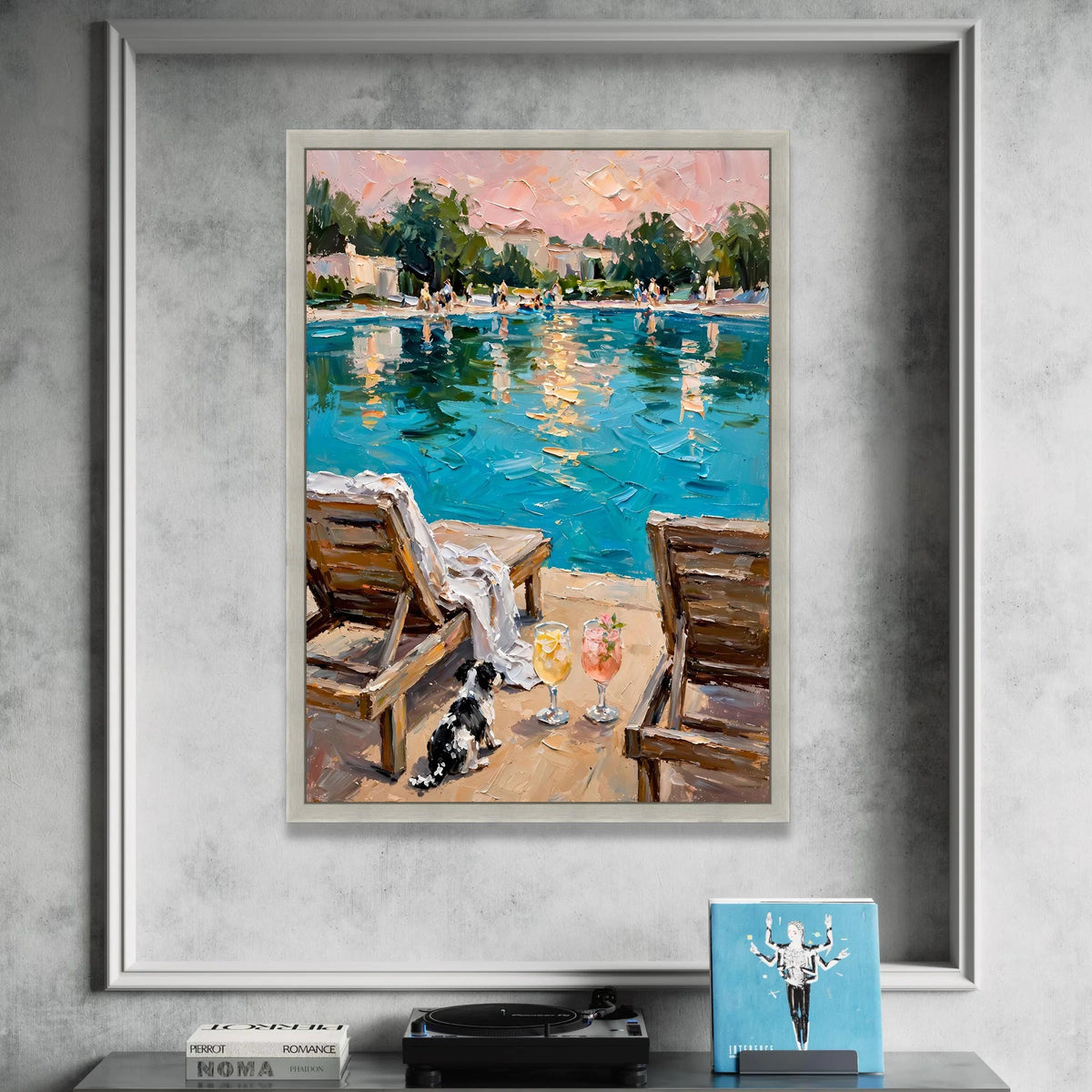 David Hockney Style Poolside Scene Canvas Wall Art, Relaxing Summer Landscape, Vibrant Water Reflection, Contemporary Canvas Print Art