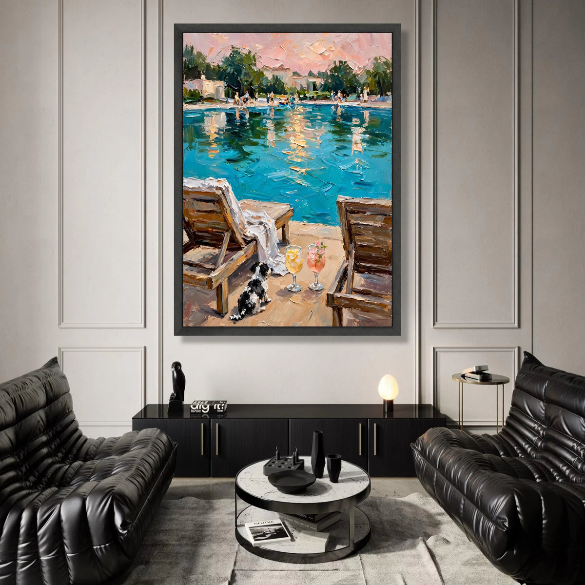 David Hockney Style Poolside Scene Canvas Wall Art, Relaxing Summer Landscape, Vibrant Water Reflection, Contemporary Canvas Print Art