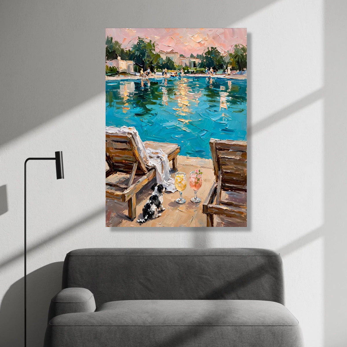 David Hockney Style Poolside Scene Canvas Wall Art, Relaxing Summer Landscape, Vibrant Water Reflection, Contemporary Canvas Print Art