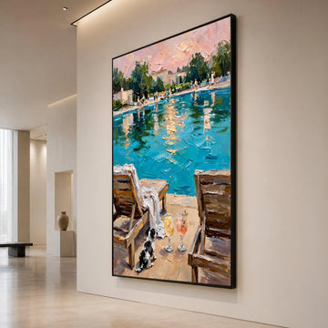 David Hockney Style Poolside Scene Canvas Wall Art, Relaxing Summer Landscape, Vibrant Water Reflection, Contemporary Canvas Print Art